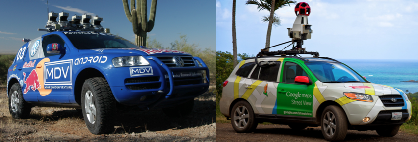 Left: Team Stanford's Stanley, the winning car of DARPA's 2005 Grand Challenge. Right: The Google Car, developed by a team led by Sebastian Thrun, former leader of Team Stanford. Sources: DARPA, Google