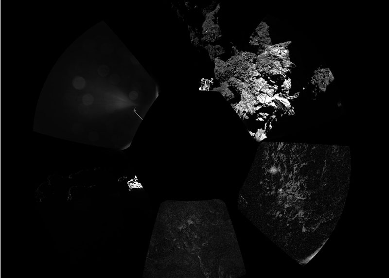Rosetta’s lander Philae has returned the first panoramic image from the surface of a comet. The view, unprocessed, as it has been captured by the CIVA-P imaging system, shows a 360º view around the point of final touchdown. The three feet of Philae’s landing gear can be seen in some of the frames. Confirmation of Philae’s touchdown on the surface of Comet 67P/Churyumov–Gerasimenko arrived on Earth at 16:03 GMT/17:03 CET on 12 November. Source: ESA