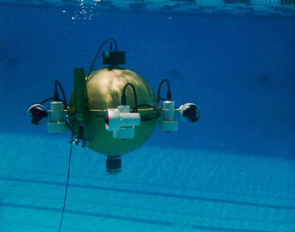 First built in 1991, the Omni-Directional Intelligent Navigator (ODIN) was a sphere-shaped, autonomous underwater robot capable of instantaneous movement in six directions. Credit: Credit: Autonomous Systems Laboratory, University of Hawaii