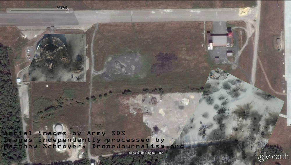 In the photomaps created from the Jan. 15 Army SOS video, the aircraft is destroyed, and so is much of the air traffic control tower and its surrounding buildings. Snow cover makes it difficult to find tarmac and roads.