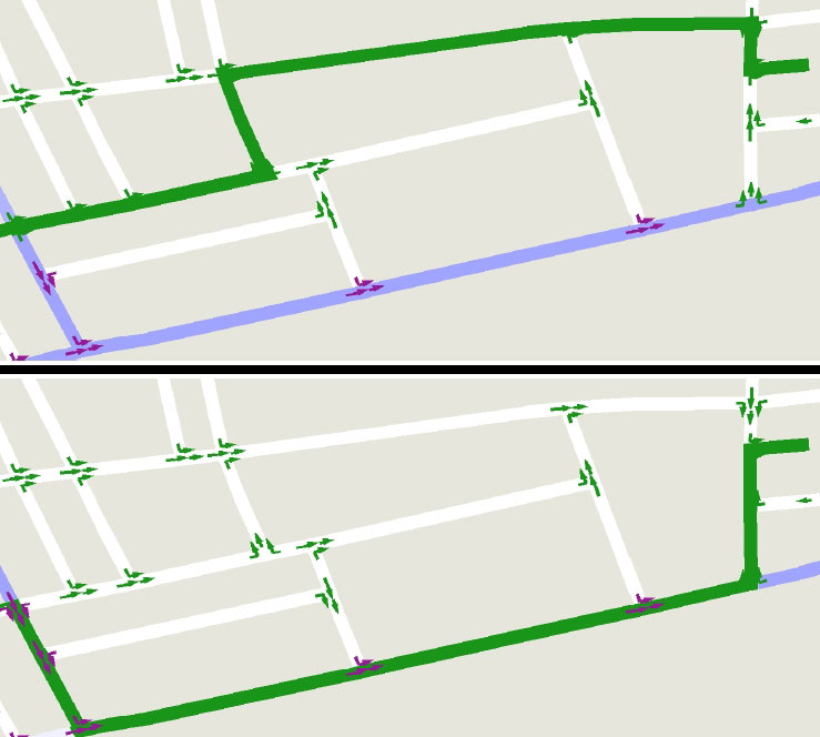 The driving routes (in green) computed by a Lexicographic Value Iteration (LVI) algorithm for an attentive driver (above) and a tired driver (below) based on traffic and road conditions. Credit: Shlomo Zilberstein, University of Massachusetts Amherst