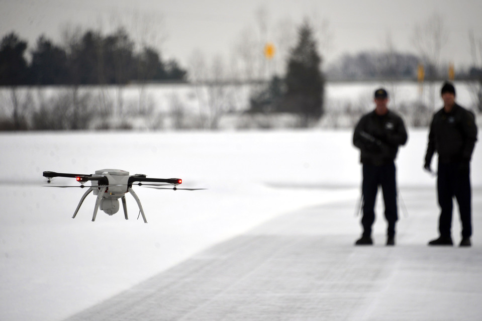 The Michigan State Police received approval from the FAA to fly a Aeryon SkyRanger drone anywhere in the state. Credit: Dale G. Young / The Detroit News.