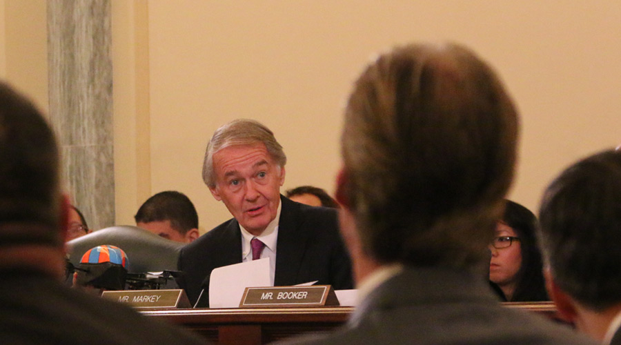 Senator Ed Markey (D-MA) holds up an AR Parrot drone at last week’s hearing on domestic drones. Credit: Dan Gettinger