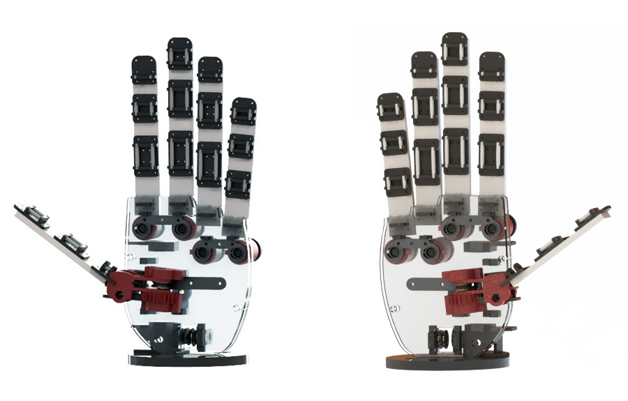 Fig. 3: Personalized designs. Two different robot hand models are depicted. The left hand version was created with a total length of 17.8cm, while the right hand version with a total length of 19cm.