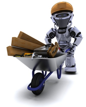3D render of a robot builder with a wheel barrow carrying tools