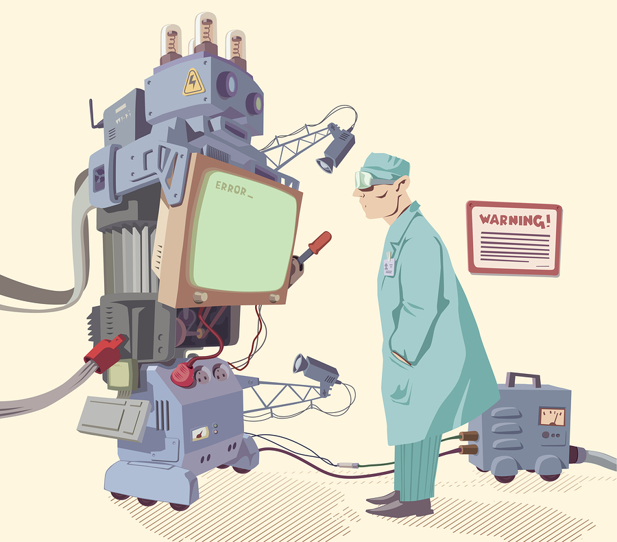 The scientist is looking at the error message of the giant robot's operating system.