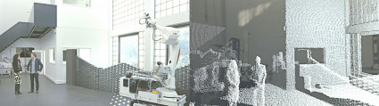 The robot's arm is equipped with a laser range finder. As the robot sweeps its arm, the laser measures points in space to generate a 3D map of its surroundings. This map is registered against an initial scan of the context in order to calculate the robot’s position. Source NCCR Digital Fabrication