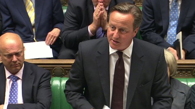 Prime Minister David Cameron discussing drone strikes on British citizens before Parliament. Image via the Telegraph.