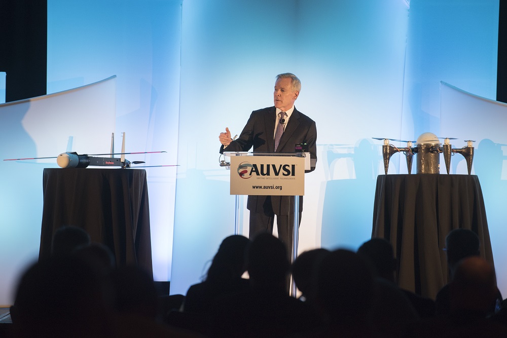 Secretary of the Navy Ray Mabus delivers remarks about the drone industry at AUVSI’s Unmanned Systems Defense. Credit: Mass Communication Specialist 2nd Class Armando Gonzales/U.S. Navy