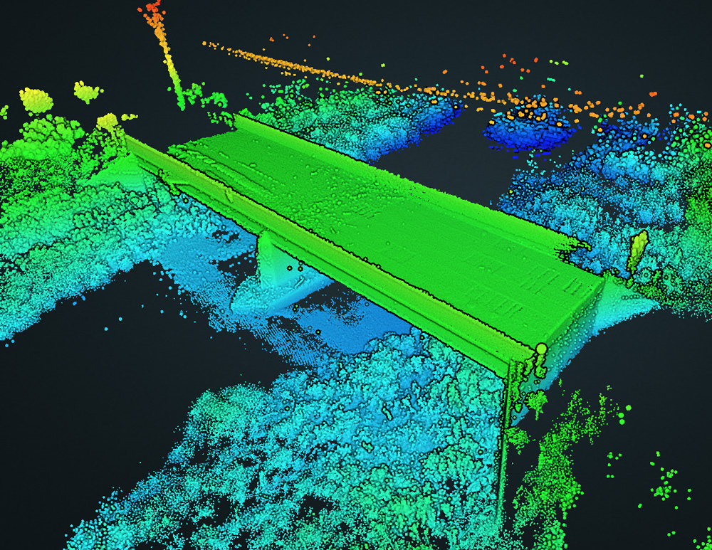  A close-up view of the 3-D model created by a bridge inspection robot from the ARIA project flying under a bridge to create a high-resolution 3-D model and image dataset that can aid inspection. Credit: Varun Kasireddy, Carnegie Mellon University
