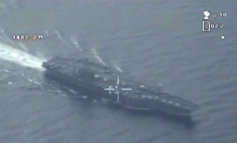 A screen shot from the video purportedly from an Iranian drone that flew close to a U.S. aircraft carrier. Via: Washington Post.