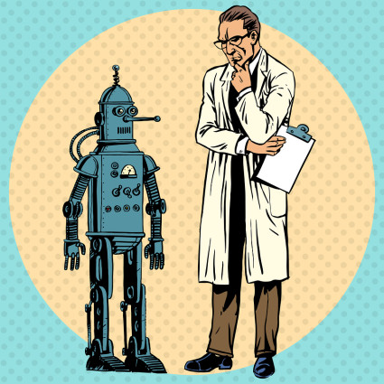 Professor scientist and robot. Creator gadget retro technology