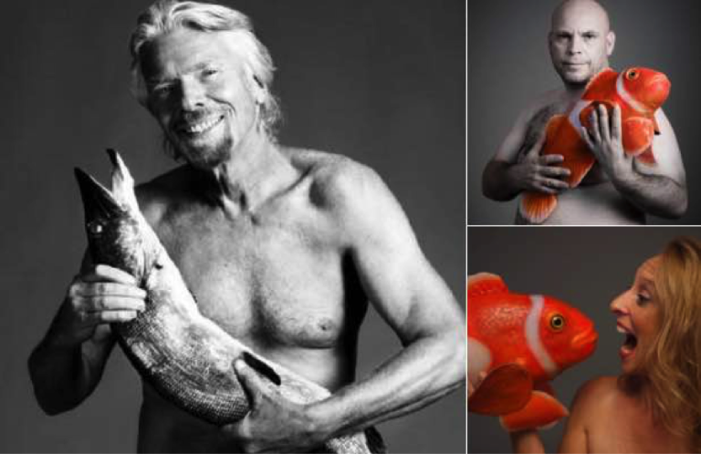 Richard Branson poses with dead fish for Fishlove, Simeon Pieterkosky and Liane Thompson pose with a robot fish.