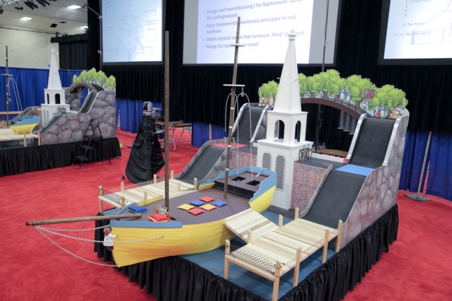 Instructors modeled the competition’s obstacle course after major landmarks from the American Revolution, including replicas of Boston’s North Church, Concord’s Old North Bridge, and the “H.M.S. Beaver.” Photo: Tony Pulsone