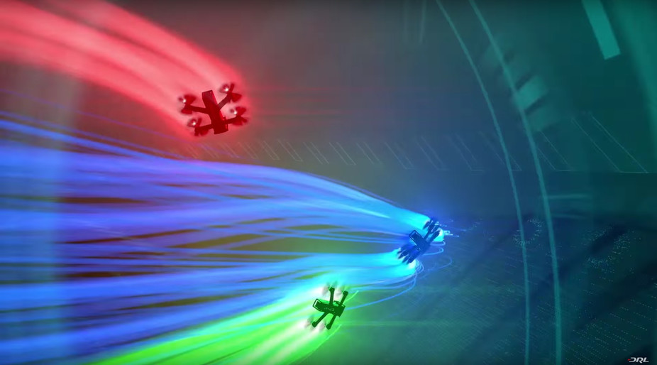 Racing drones in flight. The Drone Racing League, CC BY-ND