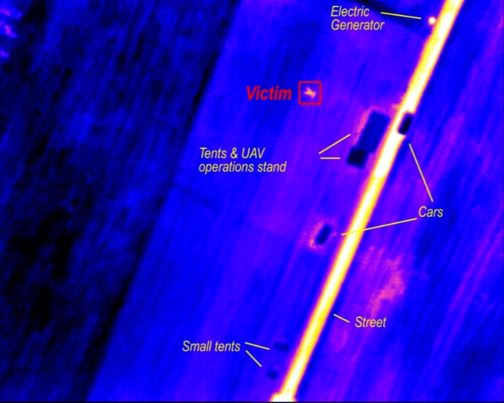 T=5h. Live-streamed thermal camera images with annotation. Note the victim that can easily be detected.