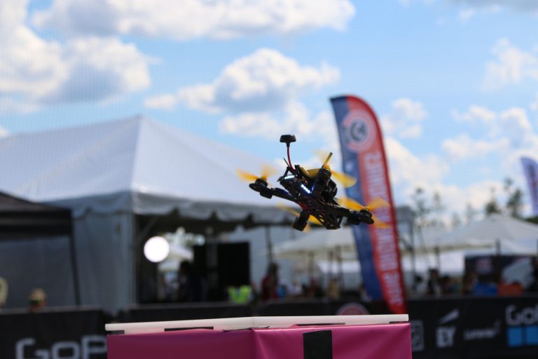 A drone takes off during the U.S. Drone Racing Championship on August 7, 2016. Credit: Dan Gettinger
