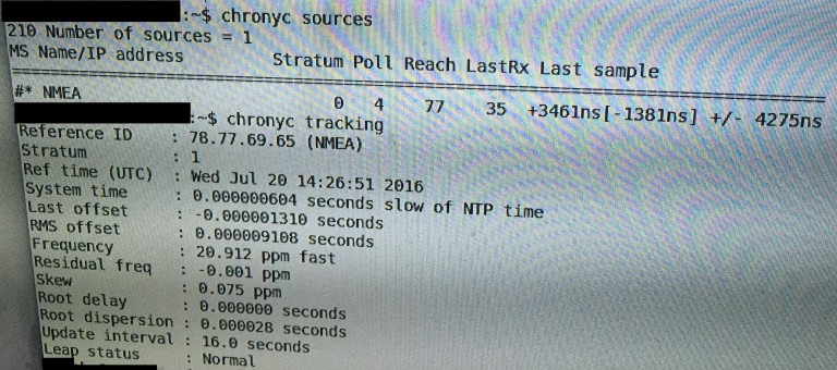 Output of tracking and sources command for chrony while using GPS. If PPS was enabled it would also show as a source. Source: Wikipedia Commons