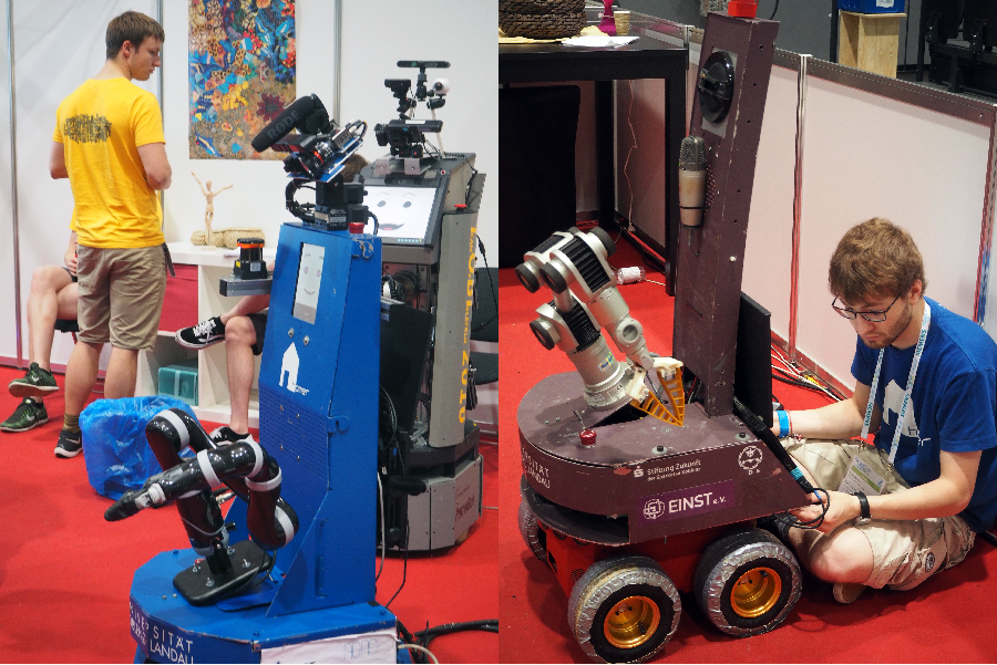 (Left) Team TOBI’s and Team homer@UniKoblenz’s robots. (Right) A member of Team homer@UniKoblenz sets up their robot. Photo: European Robotics League.