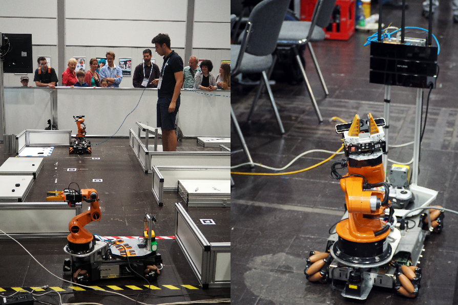 Standard platforms used in RoboCup@Work and ERL Industrial Robots. Photo: European Robotics League
