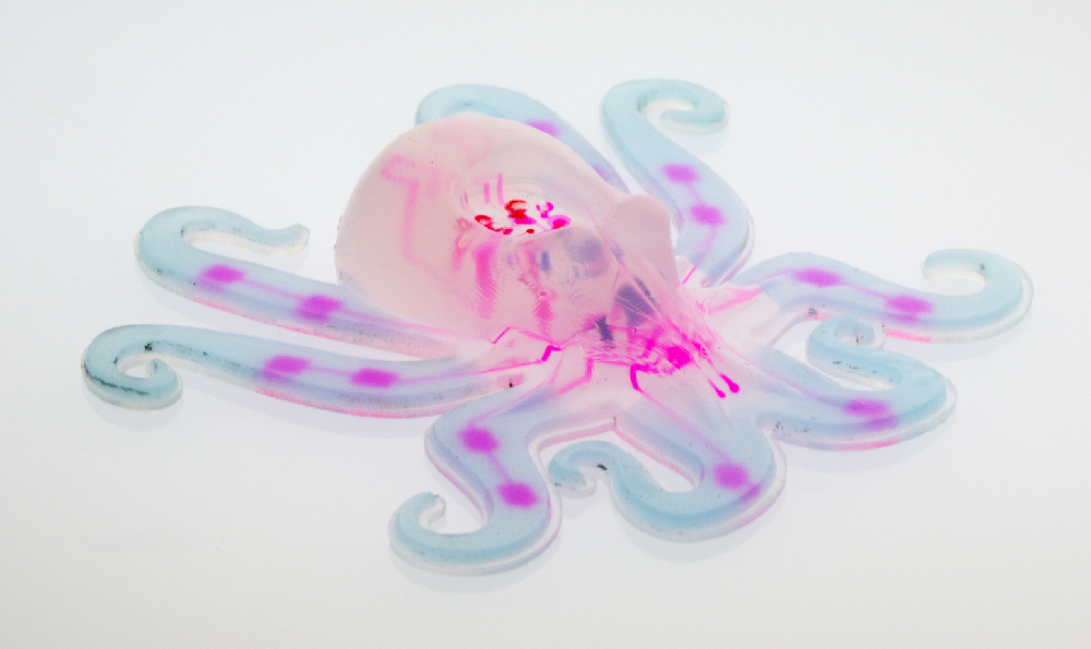 The octobot is powered by a chemical reaction and controlled with a soft logic board. A reaction inside the bot transforms a small amount of liquid fuel (hydrogen peroxide) into a large amount of gas, which flows into the octobot's arms and inflates them like a balloon. A microfluidic logic circuit, a soft analog of a simple electronic oscillator, controls when hydrogen peroxide decomposes to gas in the octobot. Image credit: Lori Sanders/HarvardSEAS