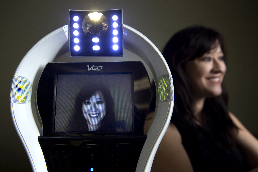 “Every year, large numbers of K-12 students are not able to go to school due to illness, which has negative academic, social and medical consequences,” says UCI doctoral student Veronica Newhart, lead author of a study on the benefits of telepresence robots, such as the one shown. Credit: Steve Zylius / UCI