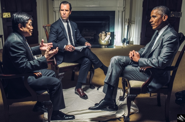 MIT Media Lab Director Joi Ito (left), WIRED Editor-in-Chief Scott Dadich (center), and U.S. President Barack Obama confer in the Roosevelt Room of the White House. Photo: WIRED