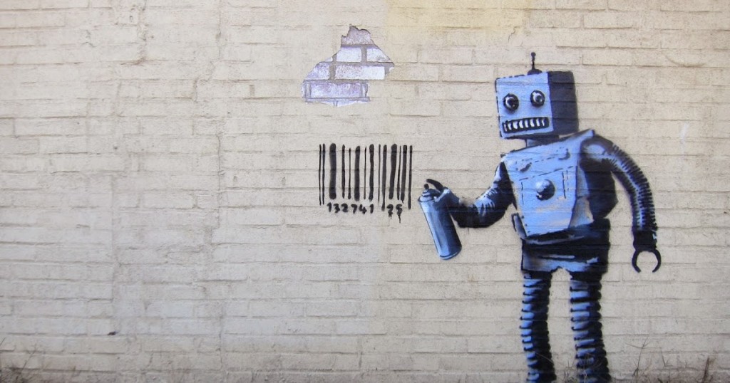 Banksy robot and barcode graffiti in New York, USA.