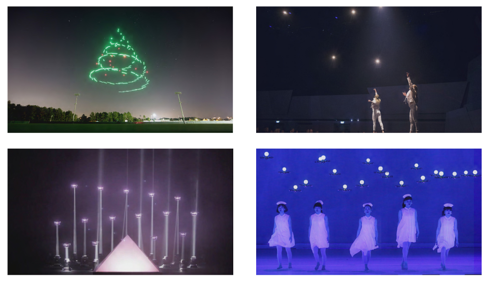 Examples of live drone performances (starting top left): Starbright Holiday Drone Show (Intel-Disney), ABB’s 125th Anniversary Celebration (Verity Studios), Meet Your Creator (Saatchi & Saatchi/KMel Robotics (acquired by Qualcomm), Dance with drones on America’s Got Talent (Elevenplay).