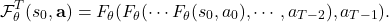 \[\mathcal{F}_{\theta}^{T}(s_0, \mathbf{a}) = F_\theta(F_\theta(\cdots F_\theta(s_0, a_0), \cdots, a_{T-2}), a_{T-1}).\]