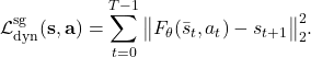 \[\mathcal{L}_{\text{dyn}}^{\text{sg}}(\mathbf{s},\mathbf{a}) = \sum_{t=0}^{T-1} \big\|F_\theta(\bar{s}_t, a_t) - s_{t+1}\big\|_2^2.\]