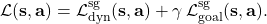 \[\mathcal{L}(\mathbf{s},\mathbf{a}) = \mathcal{L}_{\text{dyn}}^{\text{sg}}(\mathbf{s},\mathbf{a}) + \gamma \, \mathcal{L}_{\text{goal}}^{\text{sg}}(\mathbf{s},\mathbf{a}).\]