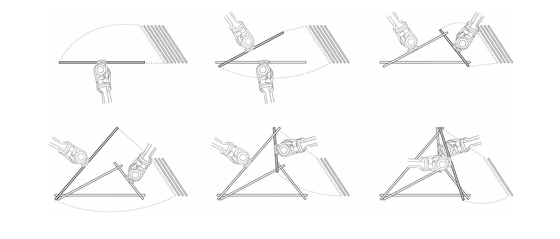 Figure 2: Conceptual Diagram of multi-robotic assembly strategy, exemplified through the sequential build-up of a spatial triangulated structure. Two robots are alternating in order to position the elements and at the same time serve as support structure.