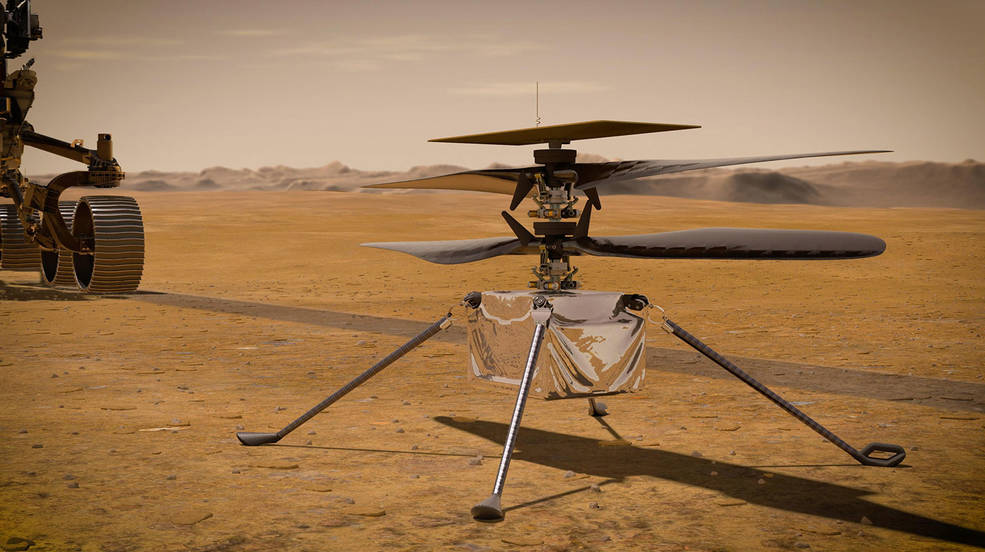 In this illustration, NASA's Ingenuity Mars Helicopter stands on the Red Planet's surface as NASA's Perseverance rover (partially visible on the left) rolls away.