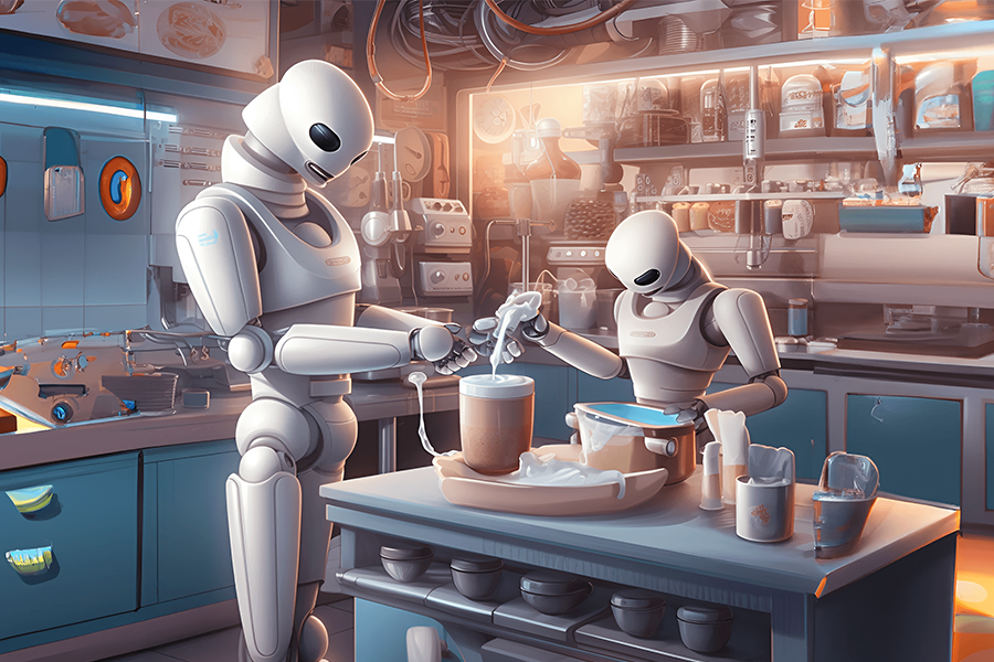 Robots in daily life Robot cooking in modern kitchen. Showcases innovation  & efficiency. Ideal for tech, robotics, or food projects. Get a futuristic  touch now. Generative AI Stock Illustration